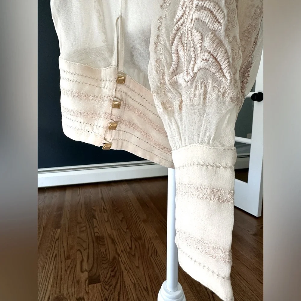 Anthropologie Long Sleeve Embroidered Blouse With Banded Waist, Cream: Size 4